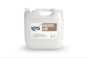 A white 10-liter plastic container labeled "IGIS MEDIS GR" with a handle and screw cap. The label includes descriptions in multiple languages, specifying it as a deep protective wood primer.