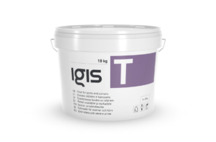 A white 18 kg bucket of Igis T filler for joints and corners. The bucket has a purple label and text in multiple languages.