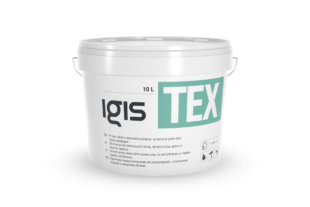 A white 10-liter bucket of Igis Tex, a primer for decorative plaster, structural paint, and liquid wallpaper. The front label features product details in multiple languages. The bucket has a handle on each side.