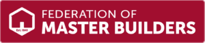 Logo for "Federation of Master Builders" with a white house icon and text "Est. 1941" on a red background.