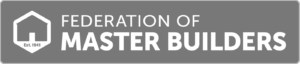 Logo of the Federation of Master Builders. It features a white house icon with "Est. 1941" inside, next to the text: "FEDERATION OF MASTER BUILDERS" in bold, all on a grey background.