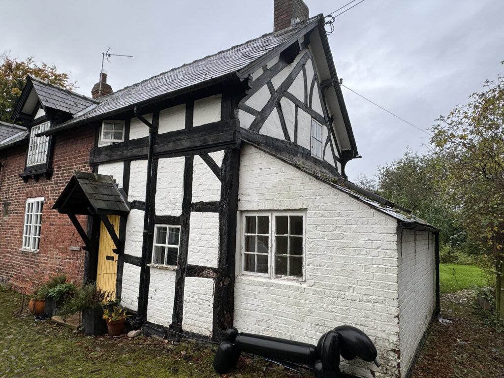 A quaint, timber-framed cottage with whitewashed walls and black beams, featuring a yellow door, potted plants by the entrance, and a large black dog sculpture outside on a cobblestone path.