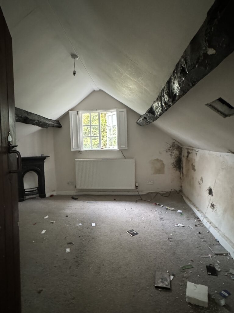 An empty, cluttered attic room with sloped ceiling, exposed beams, stained walls, and a dirty carpet. Light enters through an open window with shutters, above a radiator and a small fireplace on the left wall.