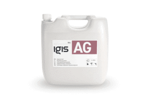 A white 10-liter plastic container with a handle and screw cap, labeled "IGIS AG" in black and red text, with instructions and icons underneath.