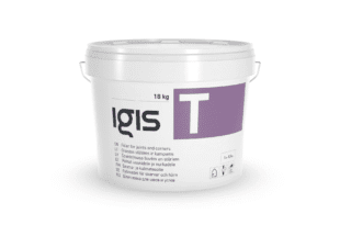 A white 18 kg bucket labeled "Igis T" with a purple section. The text describes it as a filler for joints and corners in multiple languages. The lid is closed and the bucket is shown on a white background.