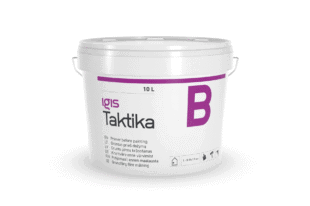 A white 10-liter plastic paint bucket labeled "Igis Taktika B" with multilingual text, a large purple "B", and icons indicating usage instructions. The bucket has a handle and a sealed lid.